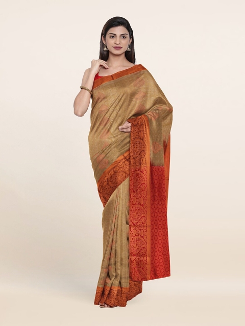 

Pothys Tan & Gold-Toned Floral Zari Pure Silk Saree