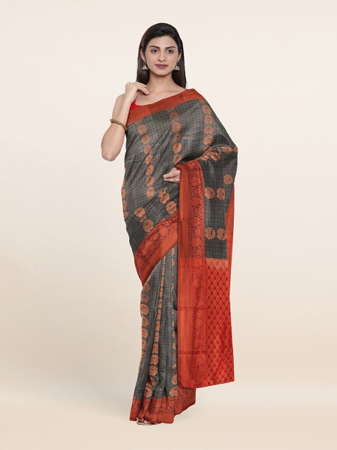 

Pothys Grey & Red Ethnic Motifs Zari Pure Silk Saree