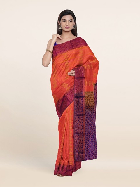 

Pothys Orange & Violet Ethnic Motifs Zari Pure Silk Saree