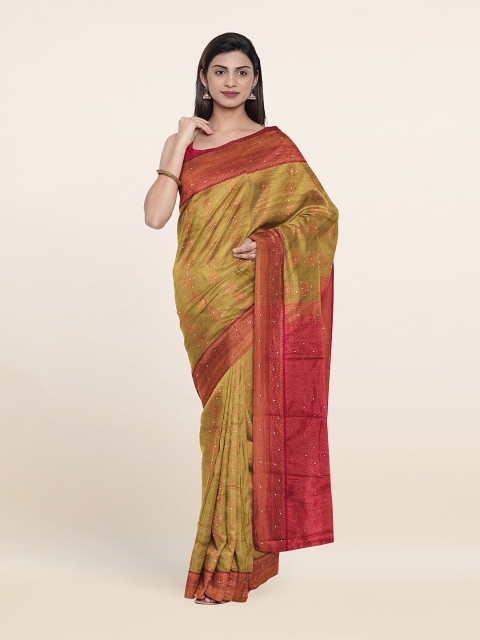 

Pothys Gold-Toned & Green Embellished Zari Pure Silk Saree