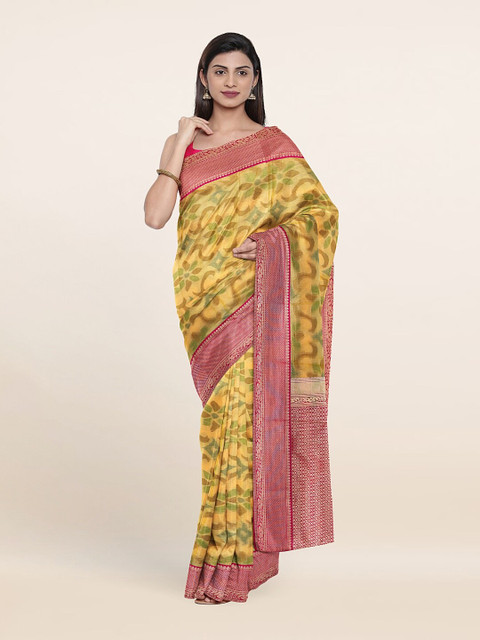 

Pothys Yellow & Green Floral Zari Pure Silk Saree