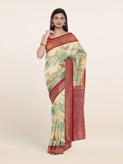 

Pothys Cream-Coloured & Red Floral Zari Pure Silk Saree