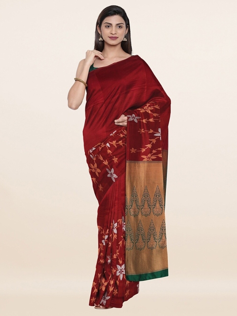 

Pothys Maroon & Gold-Toned Floral Zari Pure Silk Saree