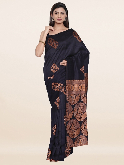 

Pothys Navy Blue & Copper-Toned Floral Woven Design Pure Silk Saree