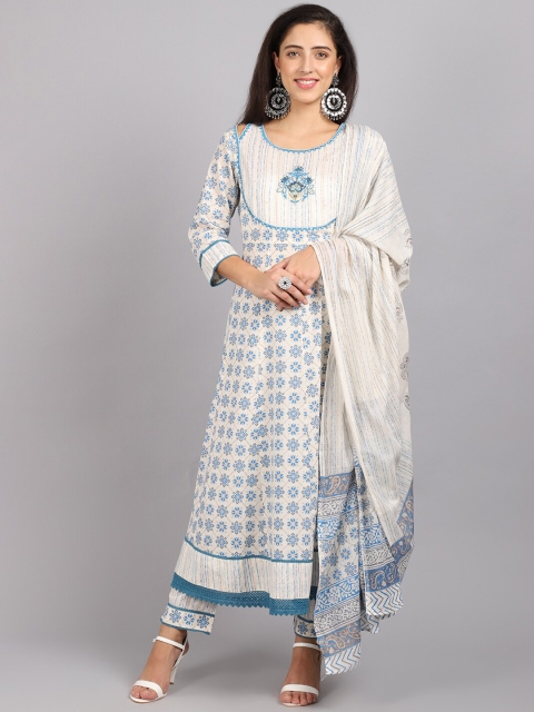 

ANAISA Women Blue Ethnic Motifs Printed Pleated Sequinned Pure Cotton Kurti with Churidar & With Dupatta