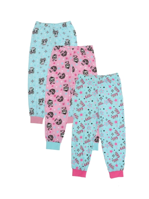 

OLIVE MIST Kids Pack of 3 Blue & Pink Printed Cotton Joggers