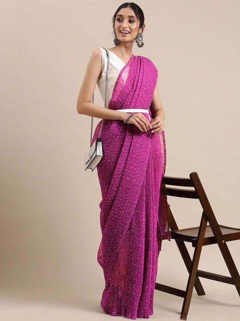 

VAIVIDHYAM Pink & White Bandhani Pure Georgette Bandhani Saree