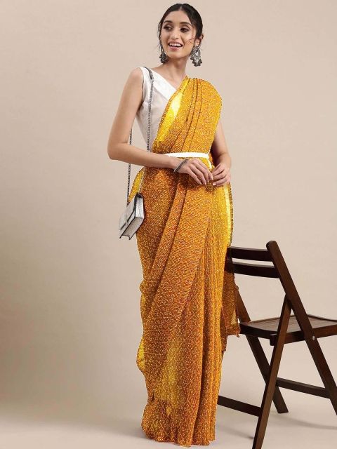 

VAIVIDHYAM Yellow & White Pure Georgette Bandhani Saree