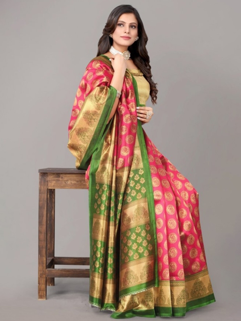 

Yashika Pink & Green Floral Zari Art Silk Khadi Saree