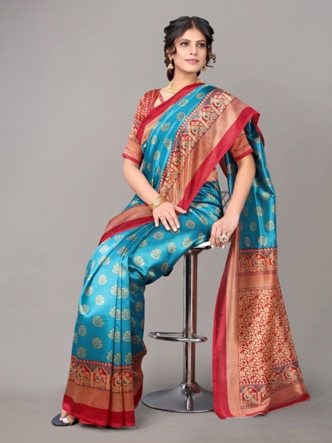 

Yashika Teal & Maroon Floral Zari Art Silk Khadi Saree