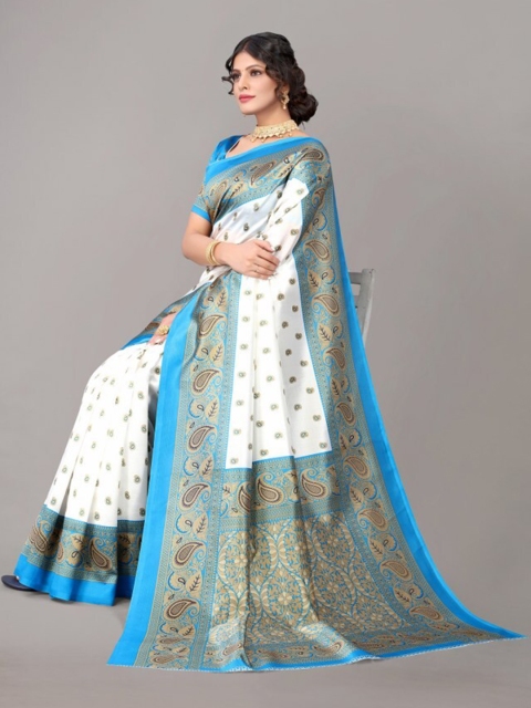 

Yashika White & Blue Ethnic Motifs Art Silk Saree