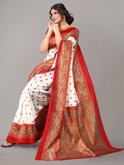 

Yashika Red & White Paisley Zari Art Silk Khadi Saree