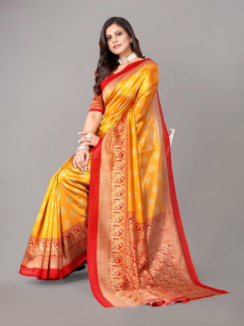 

Yashika Mustard Yellow & Red Ethnic Motifs Art Silk Banarasi Saree