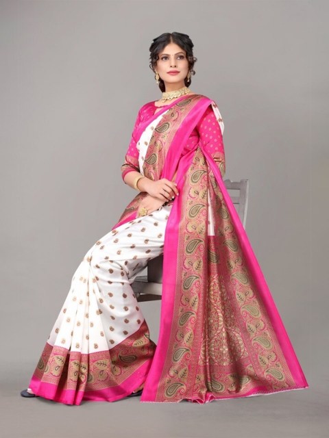 

Yashika Pink & White Paisley Art Silk Khadi Saree