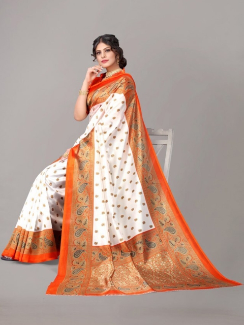 

Yashika Orange & White Woven Design Art Silk Heavy Work Khadi Saree