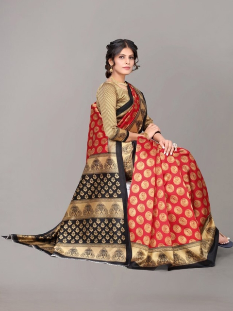 

Yashika Red & Black Woven Design Art Silk Heavy Work Khadi Saree