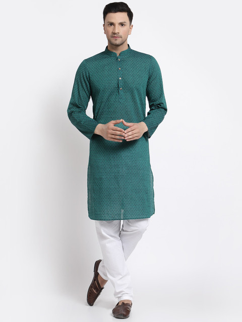 

MOHANLAL SONS Men Teal Pleated Kurta with Pyjamas