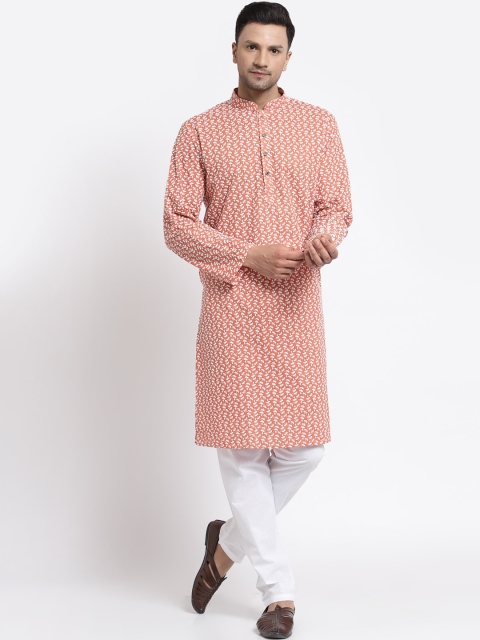 

MOHANLAL SONS Men Rust Floral Embroidered Pure Cotton Kurta with Churidar