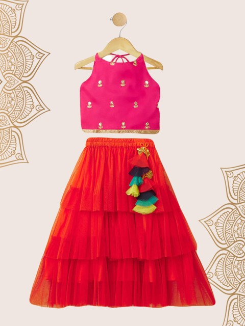 

The Magic Wand Girls Fuchsia & Red Embroidered Ready to Wear Lehenga &