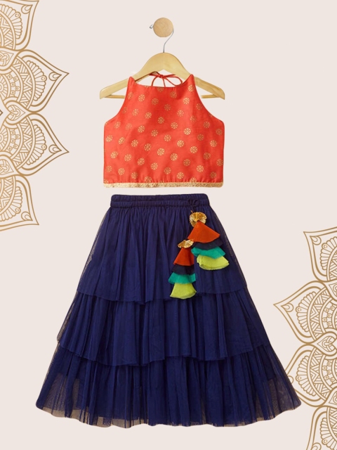 

The Magic Wand Girls Red & Blue Printed Foil Print Ready to Wear Lehenga &