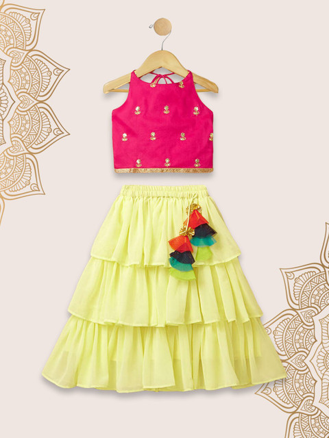 

The Magic Wand Girls Fuchsia & Yellow Embroidered Ready to Wear Lehenga &
