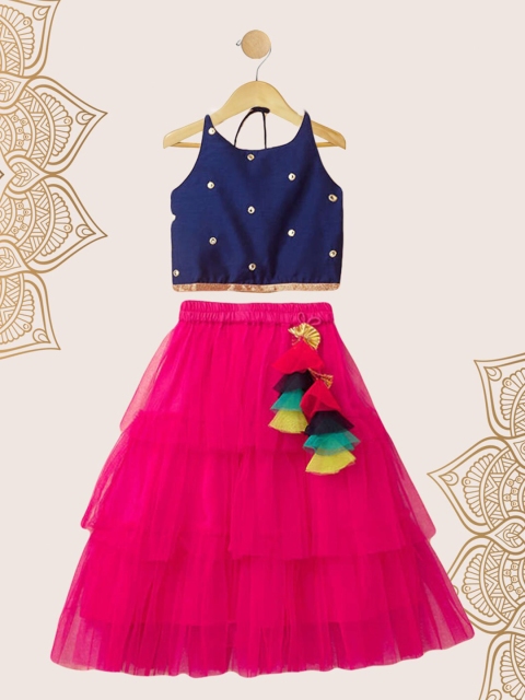 

The Magic Wand Girls Navy Blue & Pink Printed Foil Print Ready to Wear Lehenga & Choli