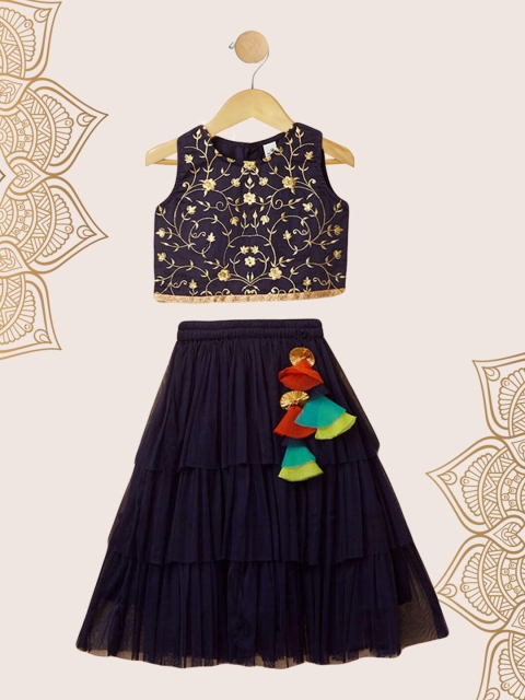 

The Magic Wand Girls Navy Blue & Gold-Toned Printed Ready to Wear Lehenga &