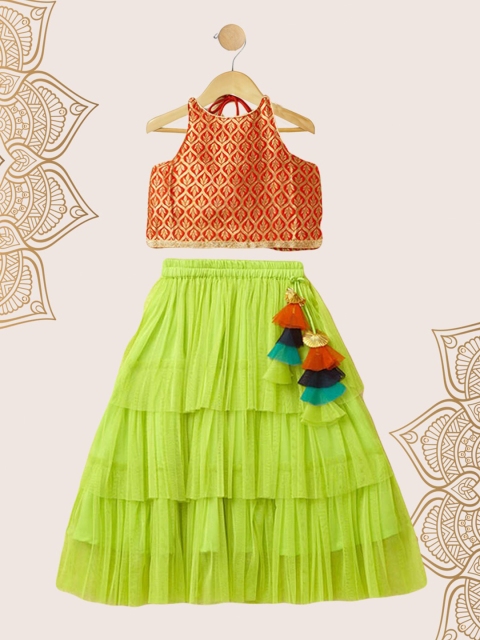 

The Magic Wand Girls Red & Lime Green Ready to Wear Lehenga &