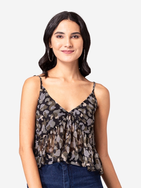 

YEROS Black Animal Print Chiffon Top