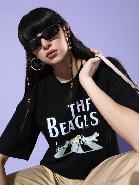 

HERSHEINBOX Women Black Typography Joyful Conversation Tshirt