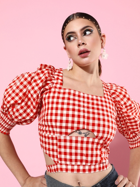 

HERSHEINBOX Red & White Checked Cinched Waist Crop Top