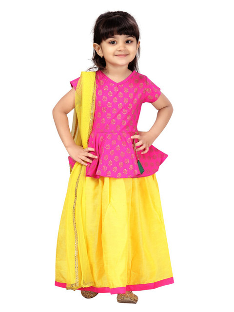 

Aarika Girls Pink & Yellow Embellished Ready to Wear Lehenga & Blouse With Dupatta