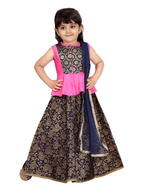 

Aarika Girls Navy Blue & Pink Printed Ready to Wear Lehenga & Blouse With Dupatta