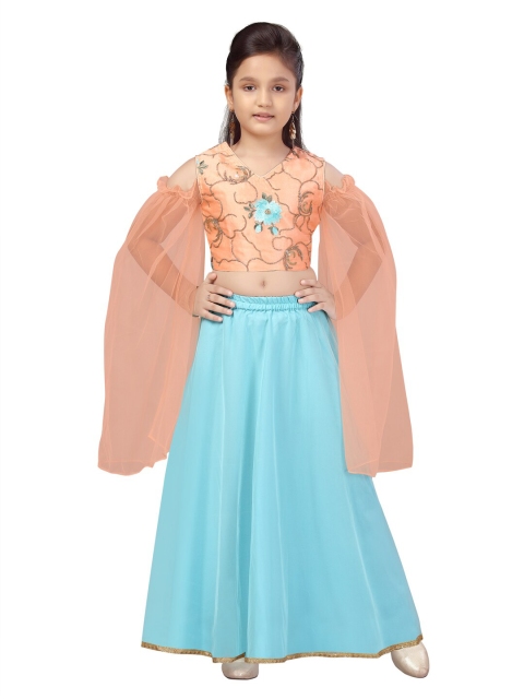 

Aarika Girls Peach-Coloured & Blue Ready to Wear Lehenga & Blouse With Dupatta