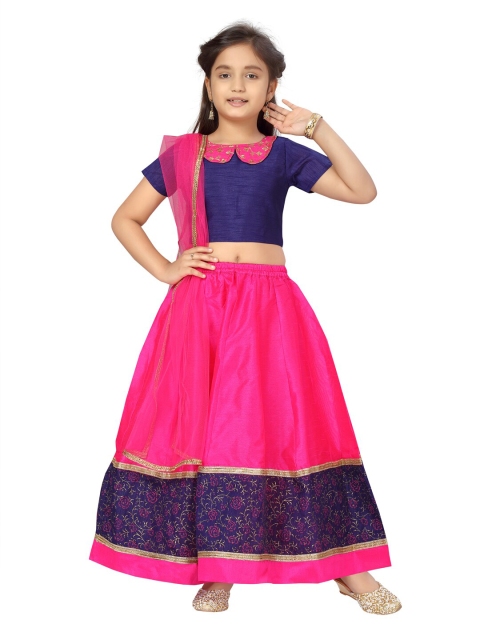 

Aarika Girls Navy Blue & Pink Printed Ready to Wear Lehenga & Blouse With Dupatta