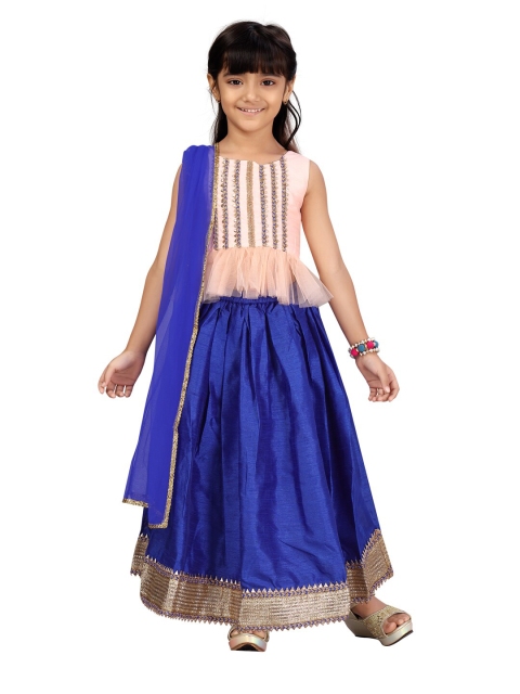

Aarika Girls Peach-Coloured & Blue Embellished Sequinned Ready to Wear Lehenga & Blouse With Dupatta