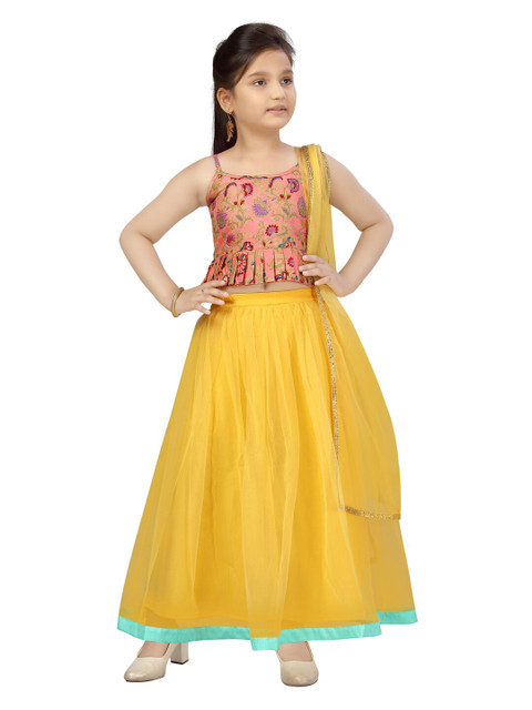

Aarika Girls Peach-Coloured & Yellow Printed Ready to Wear Lehenga & Blouse With Dupatta