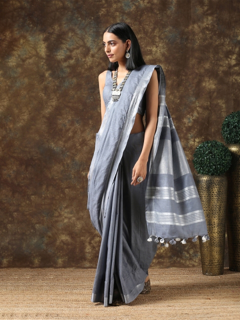 

Swtantra Grey & Silver-Toned Striped Pure Linen Saree