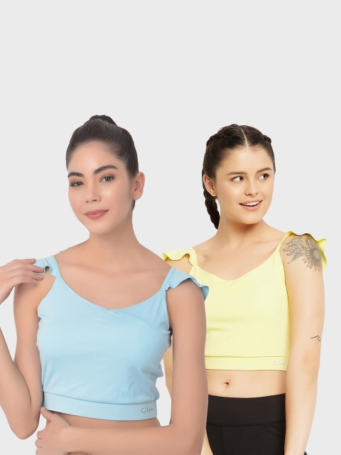 

Clovia Women Pack of 2 Blue & Yellow Solid Shoulder Straps Fitted Crop Top