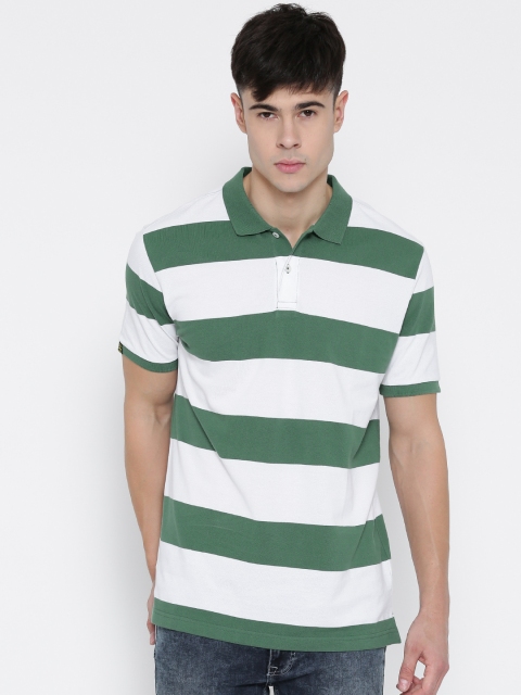 

Red Tape Men Green & White Striped Slim Polo Collar T-shirt