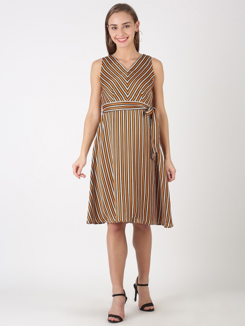 

kriatma Brown Striped Satin A-Line Dress