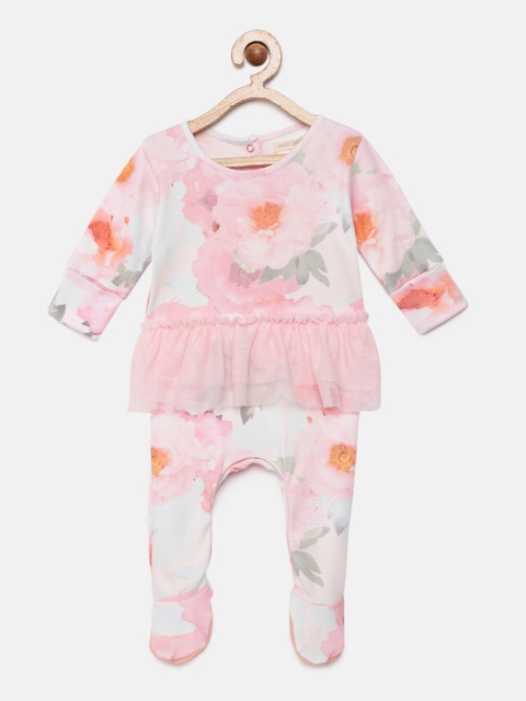 

Angel & Rocket Infant Girls Pink & White Printed Cotton Sleepsuit