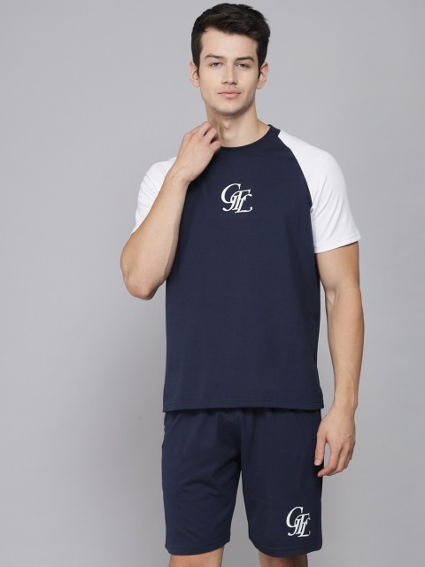 

GRIFFEL Men Navy Blue & White Printed Pure Cotton T-shirt with Shorts