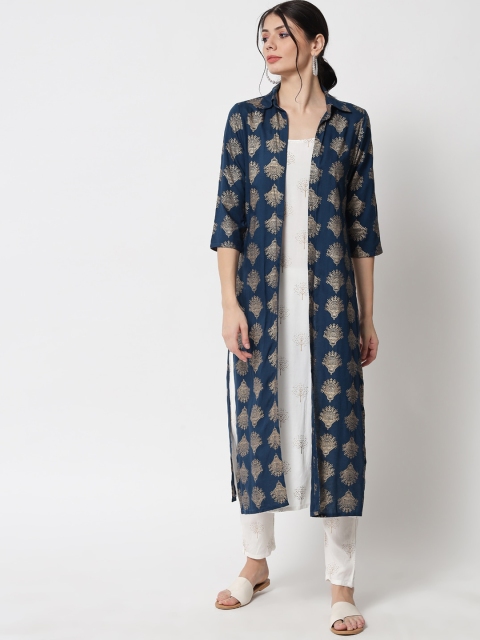 

Meeranshi Women Navy Blue Embroidered Layered Kurti with Trousers