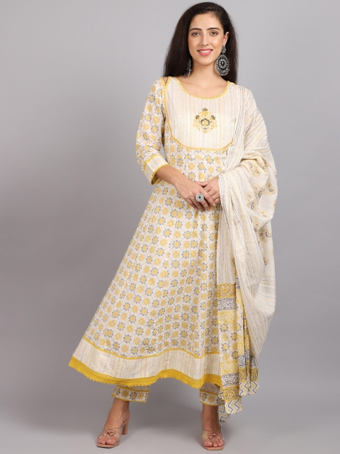 

ANAISA Women Yellow Floral Embroidered Panelled Sequinned Pure Cotton Kurti with Trousers & With Dupatta