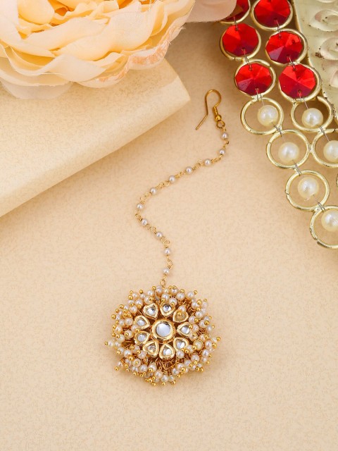 

Shoshaa Gold-Plated White Kundan-studded & Pearl-Beaded Handcrafted Mangtika