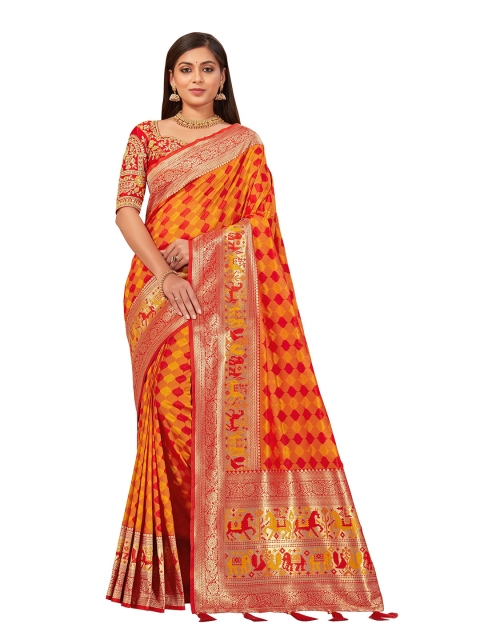 

MANOHARI Yellow & Red Woven Design Zari Silk Blend Banarasi Saree