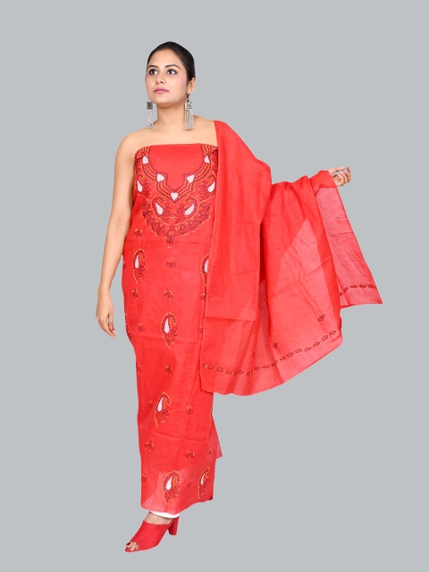 

FAWOMENT Red & Grey Embroidered Pure Cotton Unstitched Dress Material
