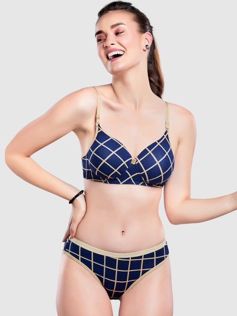 

Lady Love Women Navy Blue Checks Lingerie Set