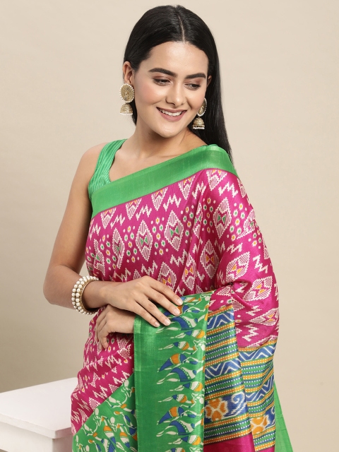 

Saree mall Pink & Green Ethnic Motifs Printed Ikat Sarees